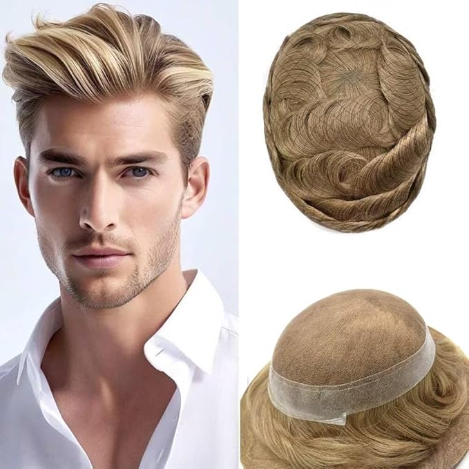 FACE MIRACLE Toupee for Men French Lace Hairpiece Human Hair Replacement System Skin PU Mens Toupee Hair Wigs for Man V-Looped Front Hair Prosthesis 6"X9" #18 Medium Blonde