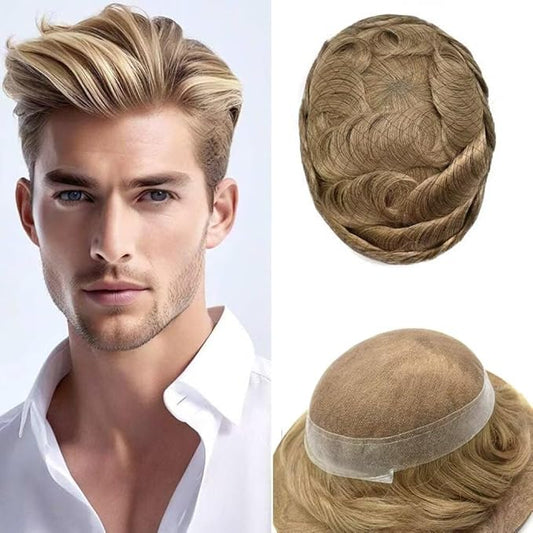 FACE MIRACLE Toupee for Men French Lace Hairpiece Human Hair Replacement System Skin PU Mens Toupee Hair Wigs for Man V-Looped Front Hair Prosthesis 6"X9" #18 Medium Blonde