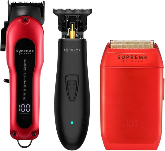 Supreme Trimmer 3-in-1 Barber Bundle | Pro Clipper, DLC T-Shaper Trimmer & Crunch Foil Shaver | Professional Beard Trimmer Men’s Hair Clipper Kit | Red
