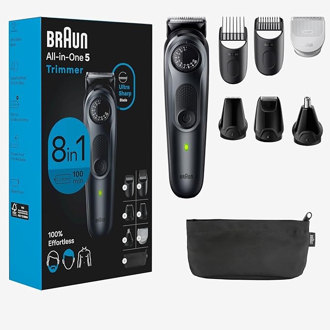 Braun All-in-One Style Kit Series 5 5480, 8-in-1 Trimmer for Men with Beard Trimmer, Body Trimmer for Manscaping, Hair Clippers & More, Ultra-Sharp Blade, 40 Length Settings, Waterproof