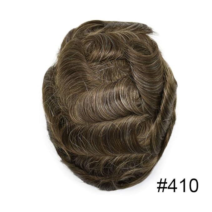 FACE MIRACLE Mens Toupee Lace Front Hairpieces Soft Human Hair Replacement System Natural Hairline Toupee for Men French Lace Poly V-Looped 8"X10" #410 4# MEDIUM BROWN WITH 10% SYNTHETIC GREY