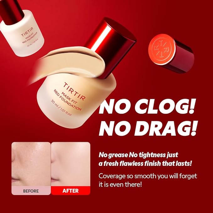 TIRTIR Mask Fit Red FoundationㅣLong Lasting Flawless Coverage, Energy Essence, Lightweight, Hydrating, Pore-Blurring, Breathable Satin Finish, Makeup, Radiant Skin, #21W Natural Ivory, 1.01 Fl Oz
