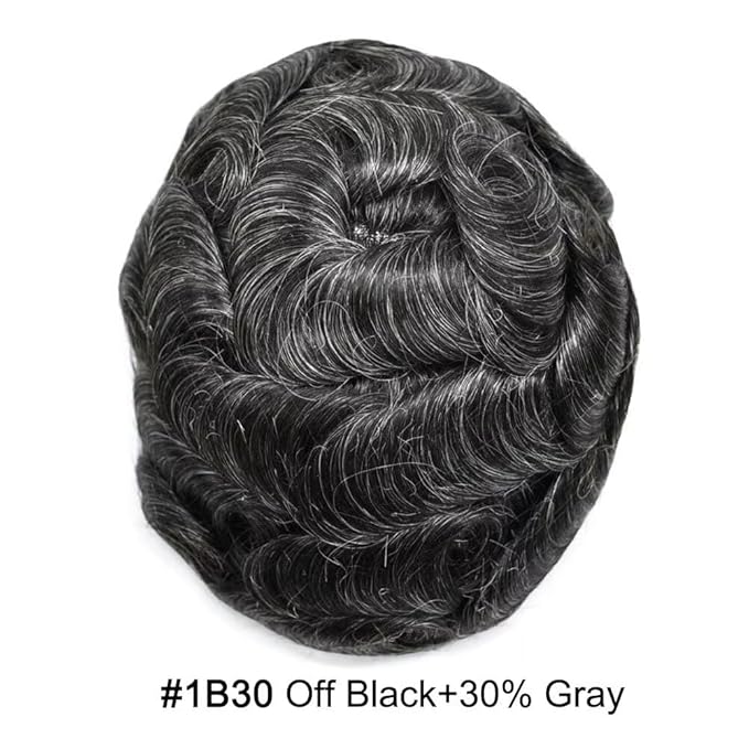 FACE MIRACLE French Lace Mens Toupee Human Hair System Lace Center Toupee for Men Thin Skin PU Around Hair Replacement System V-Looped Mens Hair Wig 6"X9" #1B30 1B# OFF BLACK WITH 30% SYNTHETIC GREY