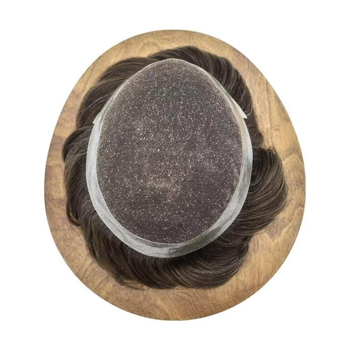 Toupee for Men French Lace Center Human Hair Replacement Systems Transparent Lace Center Hair Piece Mens Toupee Hair Units for Man V-Looped Male Hair Prosthesis 7"X9" #320 Dark Brown with 20% Gray
