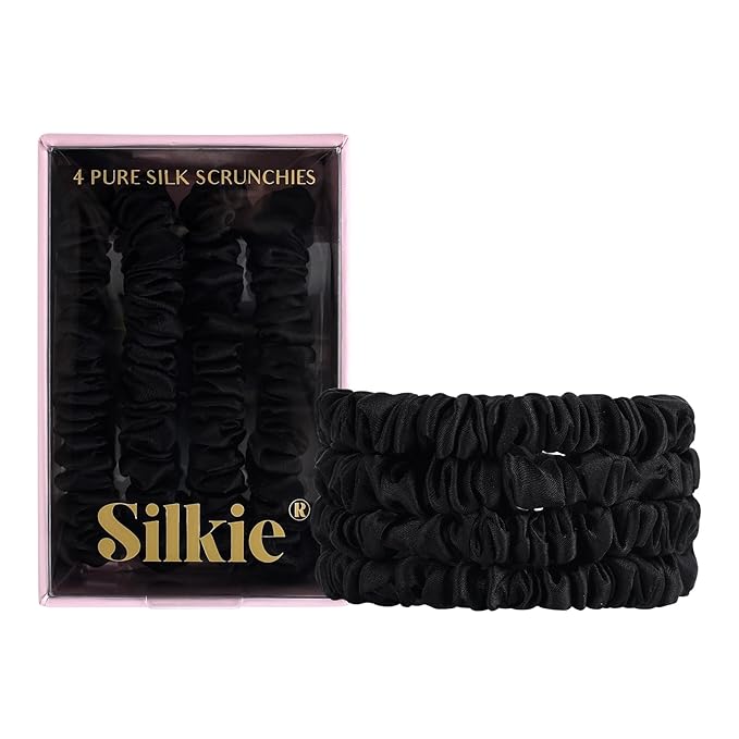 SILKIE x4 Set - Better than Satin - 100% Pure Mulberry Silk Black on Black Skinny Scrunchies Travel Pouch Everyday Hair Ties Elastics Hair Care Ponytail Holder No Damage (Noir)