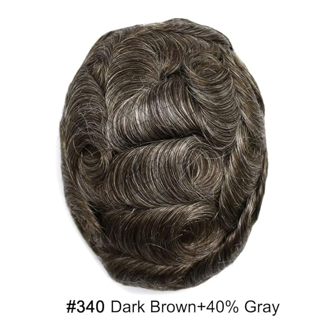 FACE MIRACLE Toupee for Men French Lace Hairpiece Human Hair Replacement System Skin PU Mens Toupee Hair Wigs for Man V-Looped Front Hair Prosthesis 7"X9" #340 Dark Brown with 40% Gray