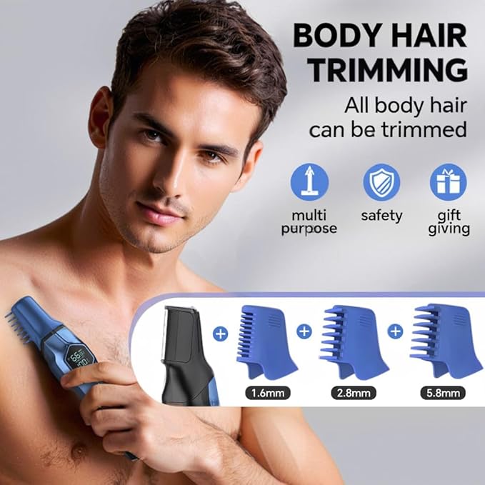 5-in-1 Electric Beard Trimmer Body Hair Trimmer Kit, Professional Cordless Hair Clippers for Men Rechargeable, IPX7 Waterproof Mens Grooming Kit for Face, Mustache, Body, Nose, Gifts for Men (Blue)