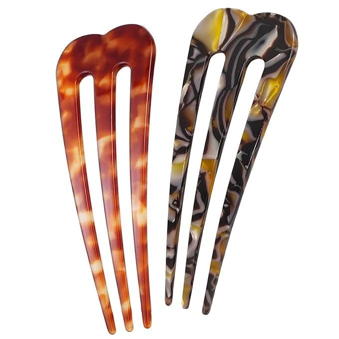 Large French Hair Pins for Women, 3-Prong French Pins for Thick Hair, U Shaped Hair Forks, French Twist Hair Pin Clips, Updo Hair Sticks for Buns, 2 Pcs (Tortoise, Brown)