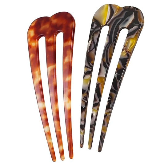 Large French Hair Pins for Women, 3-Prong French Pins for Thick Hair, U Shaped Hair Forks, French Twist Hair Pin Clips, Updo Hair Sticks for Buns, 2 Pcs (Tortoise, Brown)