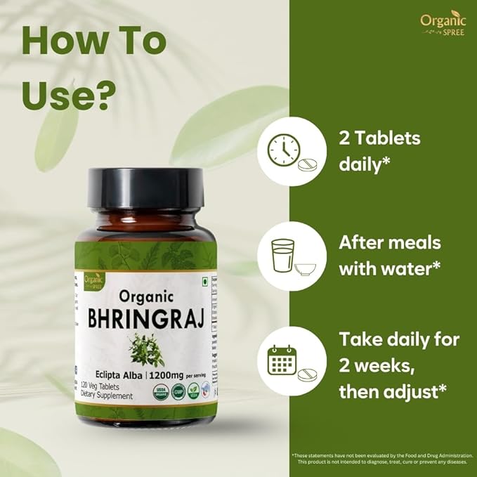 Bhringraj 120 Tablets | Eclipta Alba (Bhringraj) | USDA Organic Certified | Ayurvedic Hair Care | Organic and Natural 120tab