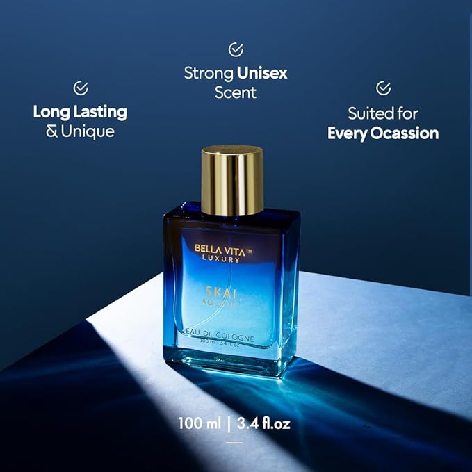BellaVita Luxury SKAI Aquatic Unisex Cologne (3.48 fl.oz) Gift | Unisex Fresh Cologne Perfume | Long-Lasting Body Mist with Bergamot & Pink Pepper | Clean, Natural & Cruelty-Free Vanilla Perfume