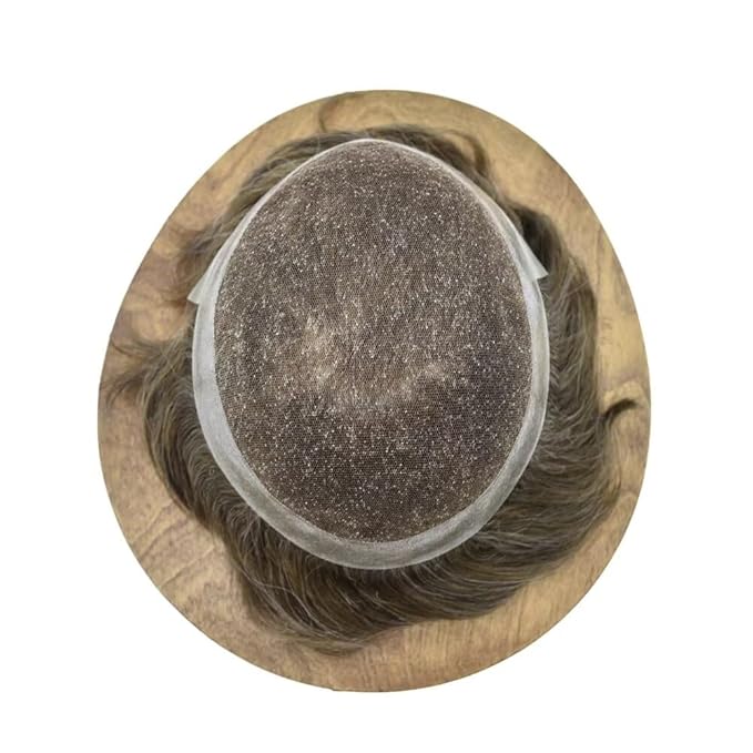 Mens Toupee Human Hair Piece French Lace Toupee for Man Hair System Indian Human Hair Replacement Systems V-Looped PU Front Hairpieces 7"X9" #630 Light Brown with 30% Gray