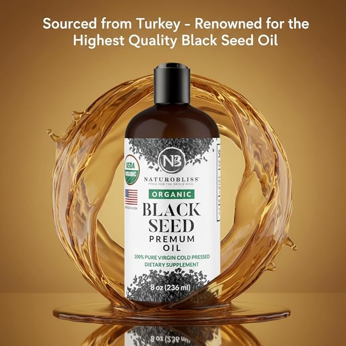 NaturoBliss Organic Black Seed Oil 100 Virgin Cold Pressed Omega 3 6 9 Super Antioxidant for Immune Support, Joints, Mobility, Digestion, Hair Skin Vegan, Gluten-Free, Non-GMO USDA Certified 8oz
