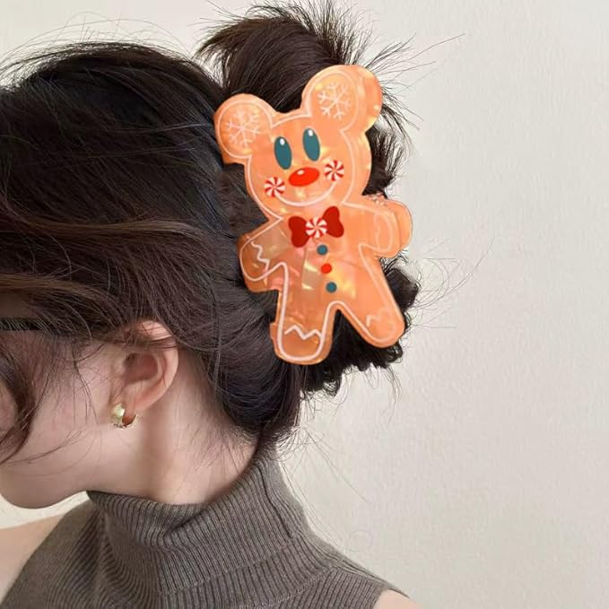 Glitter Gingerbread Man Hair Clips - Christmas Cute Reindeer Hair Claw Clips Winter Holiday Strong Grip Clips for Thick/Thin Christmas Large Acrylic Hair Hairpin Accessories for Festival Decor