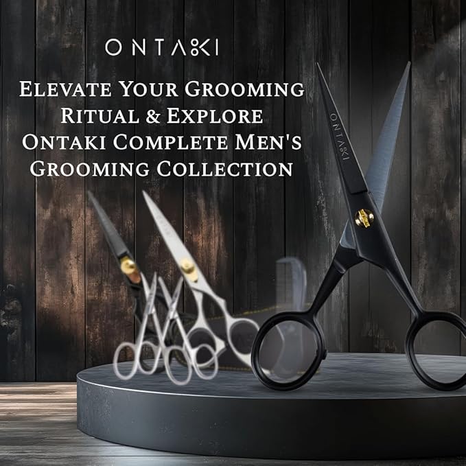 Ontaki Mustache Scissors for Men - 5-Inch, Black - German High-Carbon Steel Bevel-Edge for Precision - Beard Trimming Scissors - Includes Grooming Kit with Mustache & Beard Combs & Carrying Pouch