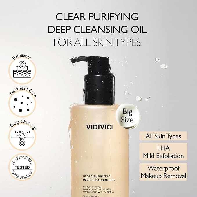 VIDIVICI Clear Purifying Deep Cleansing Oil 10.14 fl.oz | Gentle Makeup Remover for All Skin Types,Removes Waterproof Makeup with LHA,fermented camellia seed oil&rosehip seed oil,Korean skin care