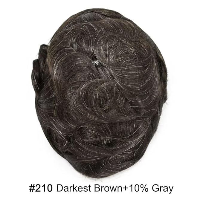 FACE MIRACLE Hair System for Men French Lace Mens Toupee Human Hair Replacement System Lace with PU Toupee for Men Male Hair Piece Wigs 6"X8" #210 Darkest Brown with 10% Gray