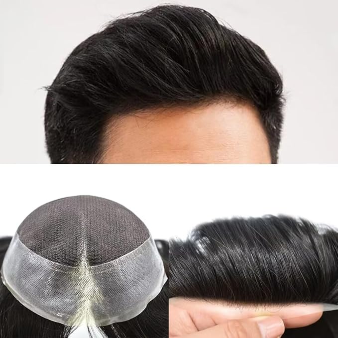 FACE MIRACLE Toupee for Men French Lace Center Mens Toupee Hairpiece Human Hair Replacement System Lace Center with Poly around Hair Units Mens Wig Hair Prosthesis,#2 Darkest Brown
