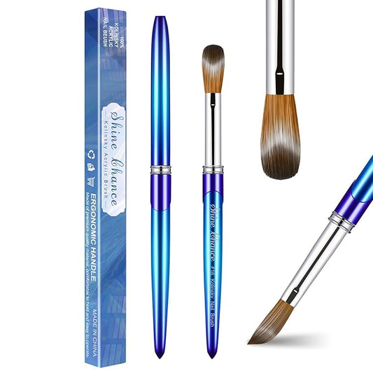 Acrylic Nail Brush Size 16, 100% Pure Kolinsky 3D Art Nail Brush with Gradient Blue Handle, Art Design Powder Nail Brush Pen for Nails Extension & Carving, Acrylic Application Tools