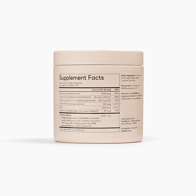 WELLBEL Women Clean Supplement for Hair, Skin, and Nails, Vegan, Gluten Free and Non GMO 90 Count