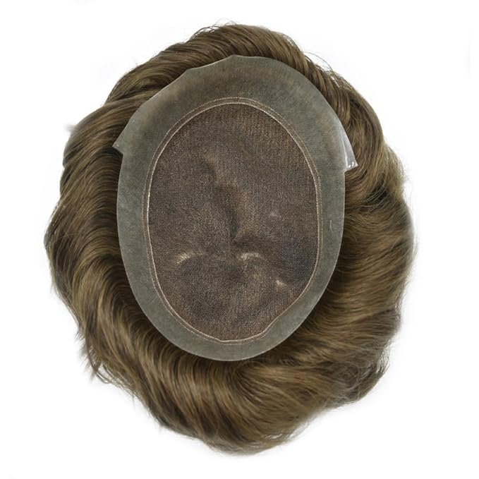 Toupee for Men French Lace Center Human Hair Replacement Systems Transparent Lace Center Hair Piece Mens Toupee Hair Units for Man V-Looped Front Male Hair Prosthesis 7"X9" 5#MEDIUM LIGHT BROWN