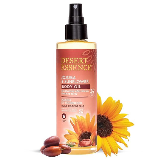 Desert Essence, Jojoba & Sunflower Body Oil Spray, 8.28 fl. oz. - Gluten-Free, Vegan, Cruelty Free - 24hour Moisture, Soothes Skin, Perfect for Sensitive Skin, Illuminating Body Spray