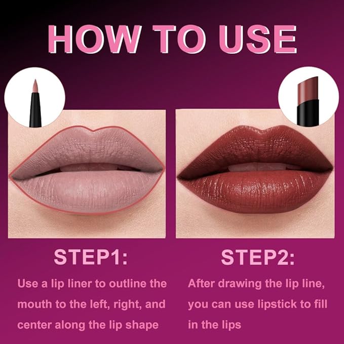 AMY'S DIARY 2Pcs Mauve Brown Lipstick and Lip Liner Combo, Lip Liner and Lip Stick Kit for Women, Matte Lip Pencil and Smooth Hydrating Lipstick, Non-Stick Lip Makeup Set (04#Mauve Brown)