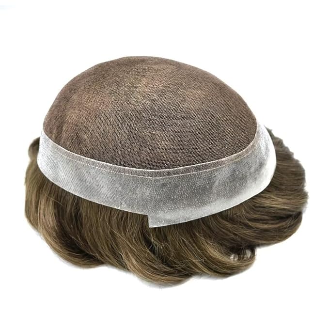 Mens Toupee Human Hair Piece French Lace Toupee for Man Hair System Indian Human Hair Replacement Systems V-Looped PU Front Hairpieces 7"X9" #1710 Dark Ash Blonde with 10% Gray