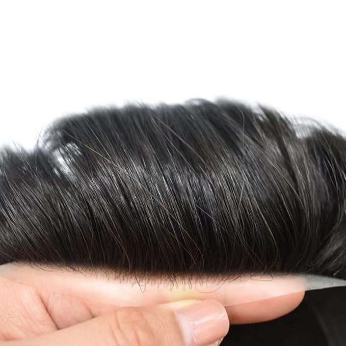 FACE MIRACLE Lace Front Mens Toupee Human Hair System Swiss Lace Center Toupee for Men Thin Skin PU Around Hair Replacement System V-Looped Mens Hair Wig Units 6"X8" 1#JET BLACK