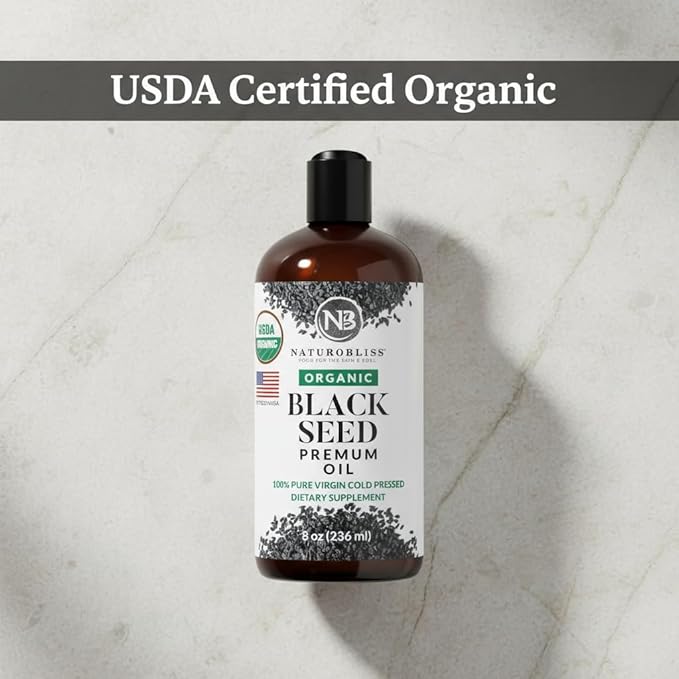 NaturoBliss Organic Black Seed Oil 100 Virgin Cold Pressed Omega 3 6 9 Super Antioxidant for Immune Support, Joints, Mobility, Digestion, Hair Skin Vegan, Gluten-Free, Non-GMO USDA Certified 8oz