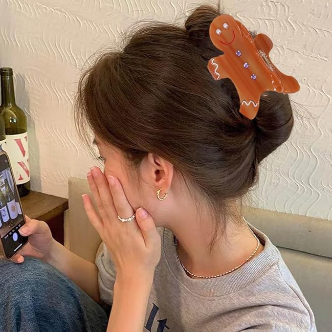 1pc Gingerbread Man Hair Clip, Xmas Acetic Acid Claw Clips, Large Hair Claw Clips for Thick/Thin Hair, Cute Brown Gingerbread Design Medium Hairpin, Sparkling Hair Accessories for Christmas Decor