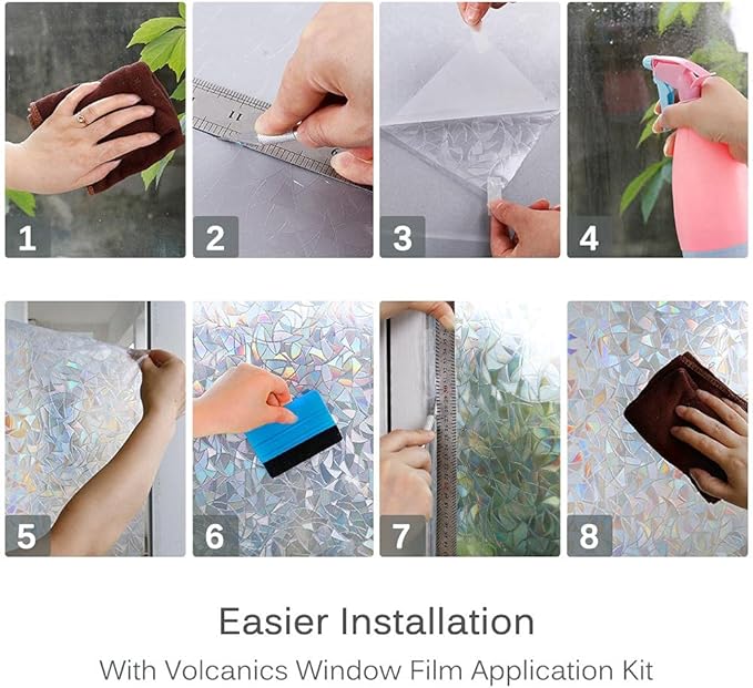 Volcanics Window Privacy Film with Installation Tools, Static Window Clings Vinyl 3D Decals Stickers Rainbow Window Film for Glass Door Heat Control Anti UV 17.5 x 78.7 Inches