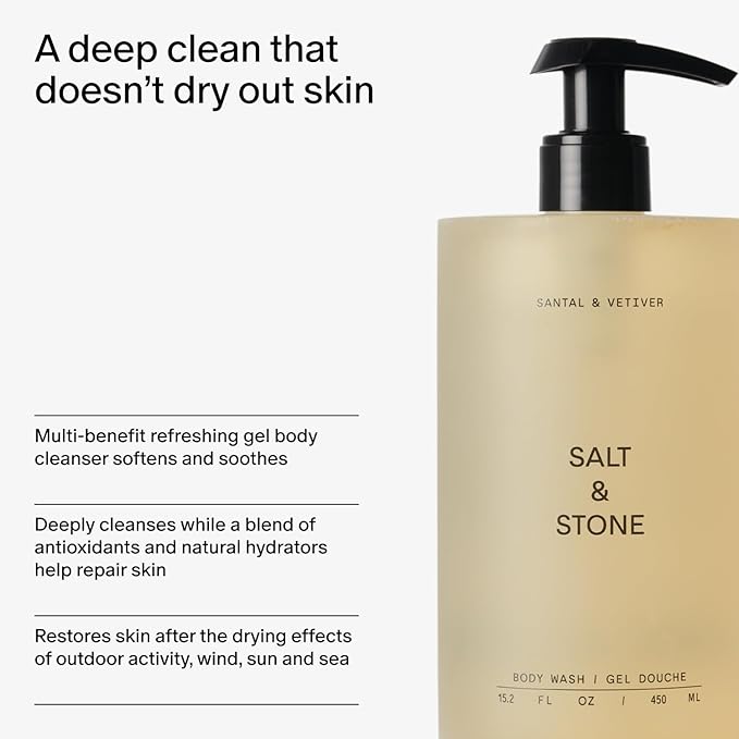 Salt & Stone Antioxidant-Rich Body Wash - Santal & Vetiver | Cleanse, Nourish & Soften Skin with Niacinamide & Hyaluronic Acid | Free From Parabens, Sulfates & Phthalates (15.2 fl oz)