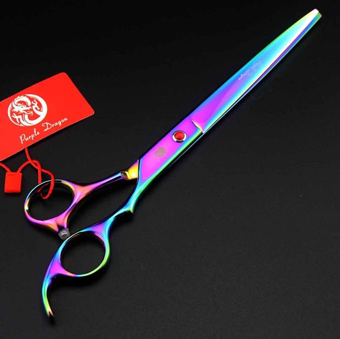 Purple Dragon 8 inch 3 in 1 Professional Pet Grooming Thinning Scissors - Upward Curved Shears and Dog Hair Cutting Scissor - Perfect for Pet Groomer or Family DIY Use (Rainbow)