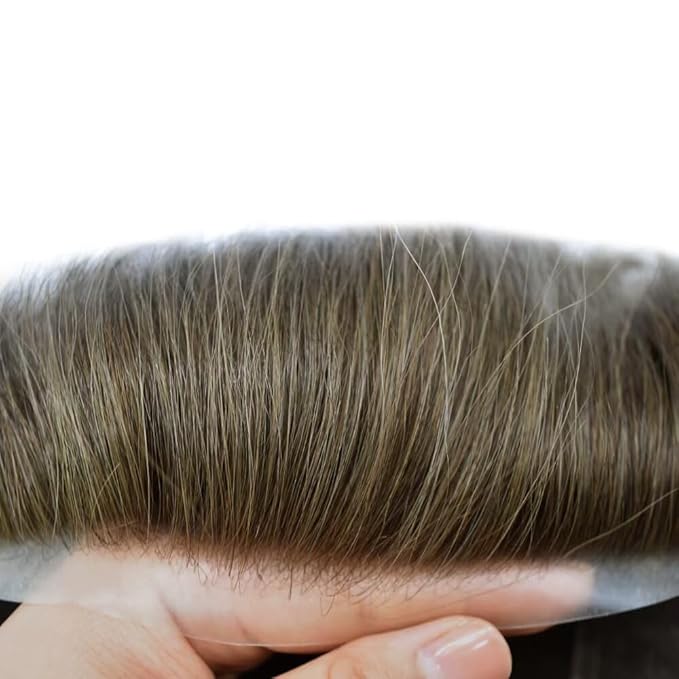 FACE MIRACLE Toupee for Men French Lace Hairpiece Human Hair Replacement System Skin PU Mens Toupee Hair Wigs for Man V-Looped Front Hair Prosthesis 6"X9" 5#MEDIUM LIGHT BROWN