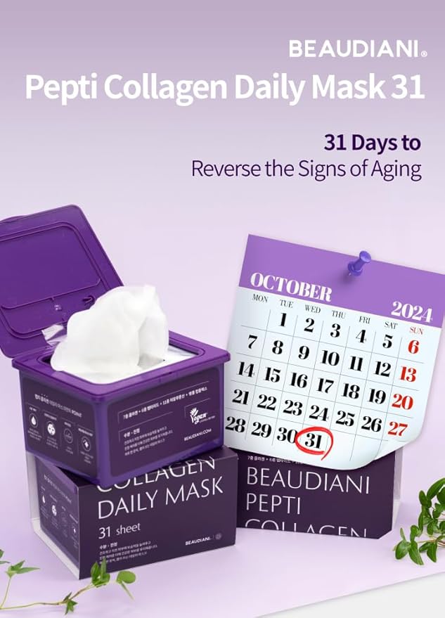 BEAUDIANI Pepti Collagen Face Mask 31pcs – Daily Hydrating & Firming Sheet Mask with 7 Collagens, 6 Peptides & Hyaluronic Acid, Korean Skincare for Radiant Glass Skin