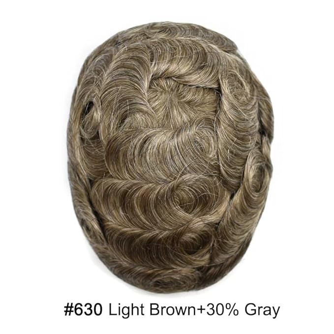 FACE MIRACLE Toupee for Men French Lace Hairpiece Human Hair Replacement System Skin PU Mens Toupee Hair Wigs for Man V-Looped Front Hair Prosthesis 6"X8" #630 Light Brown with 30% Gray