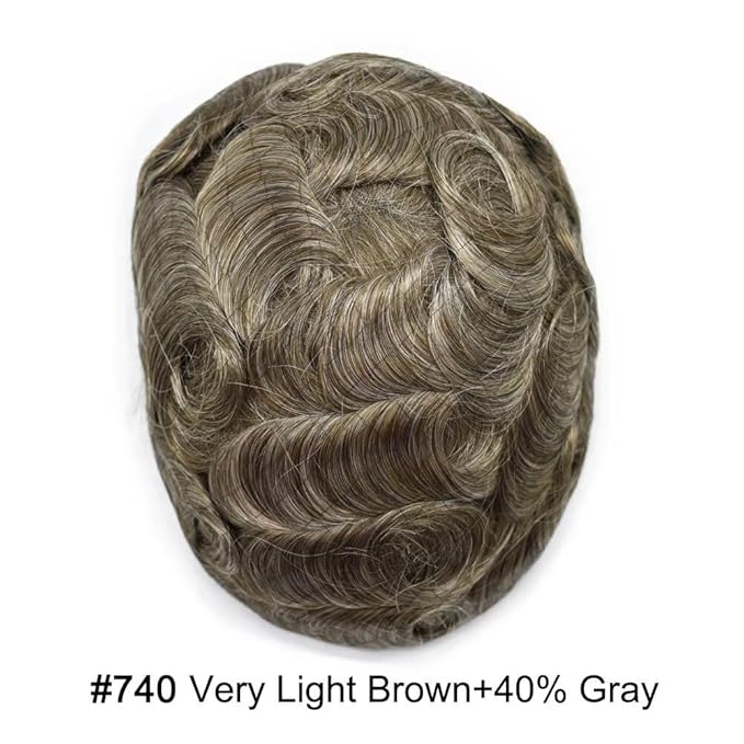 FACE MIRACLE Hair System for Men French Lace Mens Toupee Human Hair Replacement System Lace with PU Toupee for Men Male Hair Piece Wigs 6"X9" #740 7# VERY LIGHT BROWN WITH 40% SYNTHETIC GREY