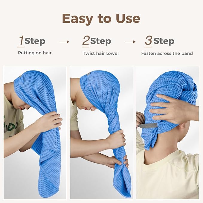 HOMEXCEL 2 Pack XL Microfiber Hair Towels Waffle Weave- 40 x 26.5 inches Fast Drying Turbans for Long, Thick, Curly Hair - Anti Frizz Wrap with Elastic Strap, Blue/Pink