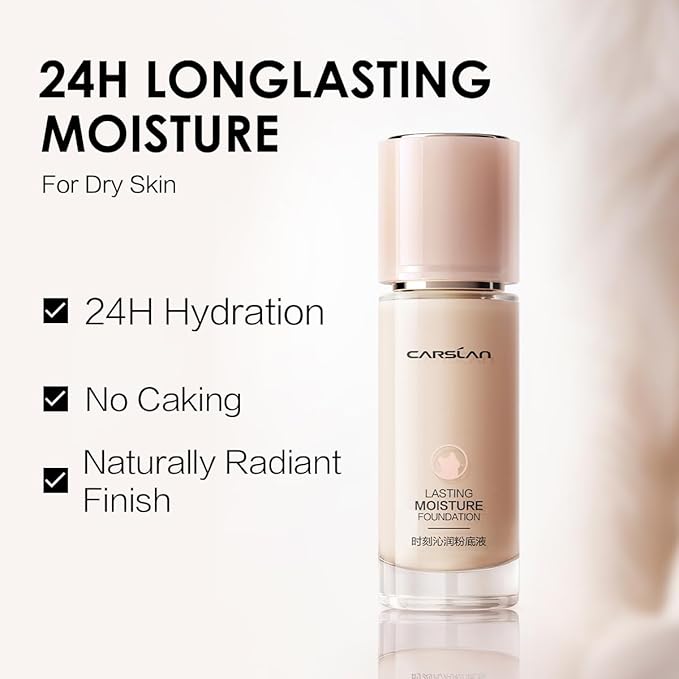 CARSLAN Lasting Moisture Foundation, 24H Longlasting Medium Coverage Dewy Finish Face Makeup, Poreless, Lightweight, Waterproof, Oil Free Liquid Foundation, P02