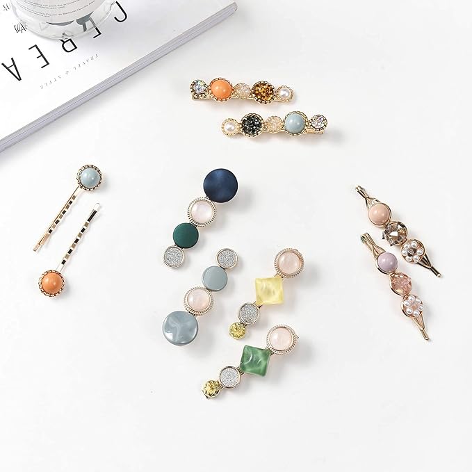 Mehayi 20 PCS Macaron Pearls and Acrylic Resin Hair Clips, Handmade Cute Hair Barrettes Bobby Pins, Glitter Crystal Geometric Hairpin, Elegant Gold Hair Accessories, Gifts for Women Girls…