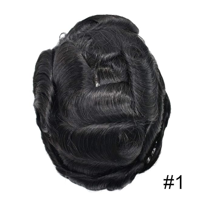 FACE MIRACLE Mens Toupee Lace Front Hairpieces Soft Human Hair Replacement System Natural Hairline Toupee for Men French Lace Poly V-Looped Mens hair Units 7"X10" 1#JET BLACK