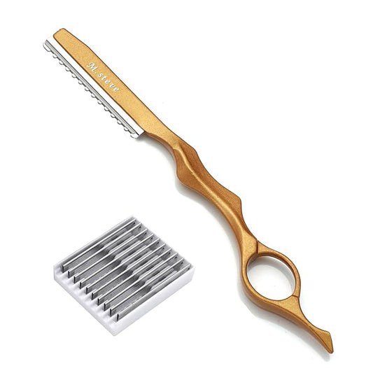 Hair Razors For Cutting Hair 6.89", Professional Hair Styling Razor with Replacement Stainless Steel Blades for Salon/Home -11PCS Gold