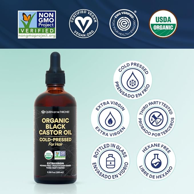 QUEEN OF THE THRONES Organic Black Castor Oil - 100mL with Dropper| 100% Pure, Certified Organic, Hexane-Free, Extra Virgin | Moisturizing & Conditioning Oil for Skin, Hair & Nails
