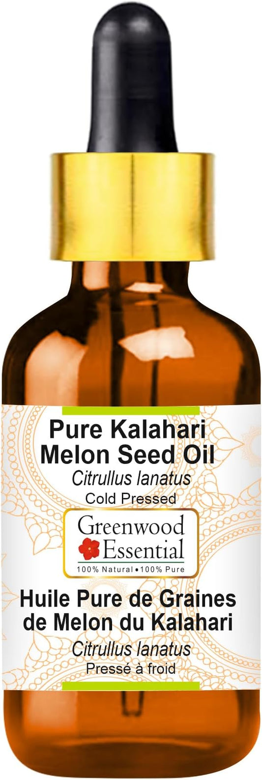 Greenwood Essential Kalahari Melon Seed Oil (Citrullus lanatus) with Glass Dropper | Cold Pressed | Natural | For Diluting Essential Oils | For Hair, Skin & Massage | Unisex | 15ml (0.50 oz)