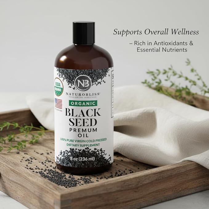 NaturoBliss Organic Black Seed Oil 100 Virgin Cold Pressed Omega 3 6 9 Super Antioxidant for Immune Support, Joints, Mobility, Digestion, Hair Skin Vegan, Gluten-Free, Non-GMO USDA Certified 8oz