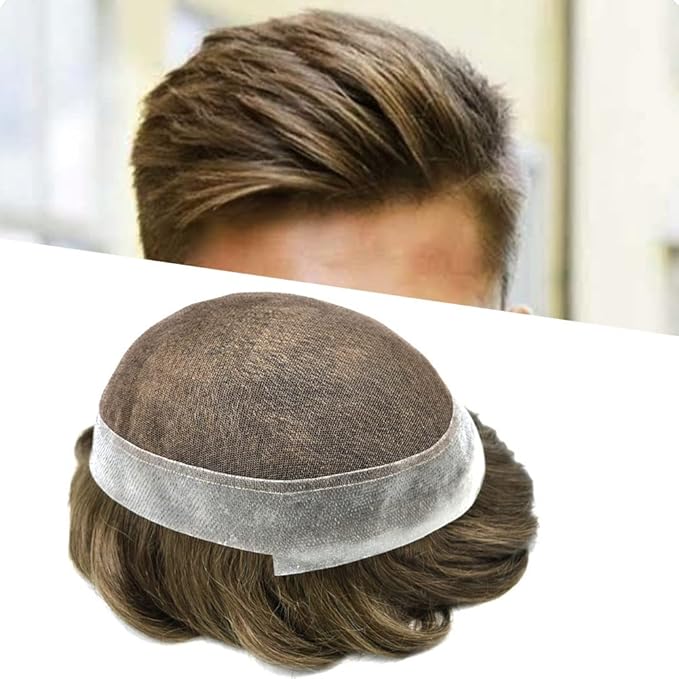 FACE MIRACLE Toupee for Men French Lace Hairpiece Human Hair Replacement System Skin PU Mens Toupee Hair Wigs for Man V-Looped Front Hair Prosthesis 8"X10" 6# LIGHT BROWN