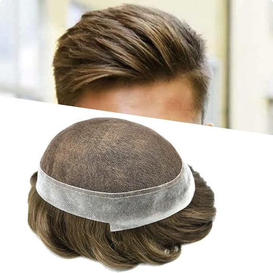 FACE MIRACLE Toupee for Men French Lace Hairpiece Human Hair Replacement System Skin PU Mens Toupee Hair Wigs for Man V-Looped Front Hair Prosthesis 8"X10" 6# LIGHT BROWN