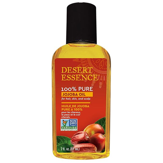 Desert Essence 100% Pure Jojoba Oil – 2 Fl Oz Moisturizer for Hair, Skin & Scalp | Makeup Remover & Aftershave Hydrator, Non-GMO, Vegan, Cold-Pressed, Anti-Flakiness & Non-Clogging Beauty Elixir