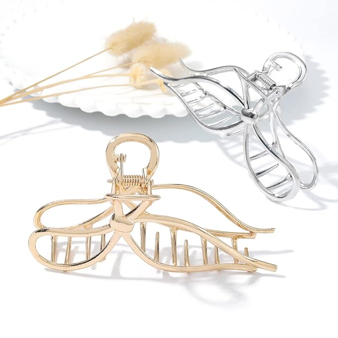 CAKURE Bow Hair Claw Clips Gold Metal Hair Clips Medium Hair Jaw Clamps Stylish Hair Accessories for Women and Girls (Pack of 2)